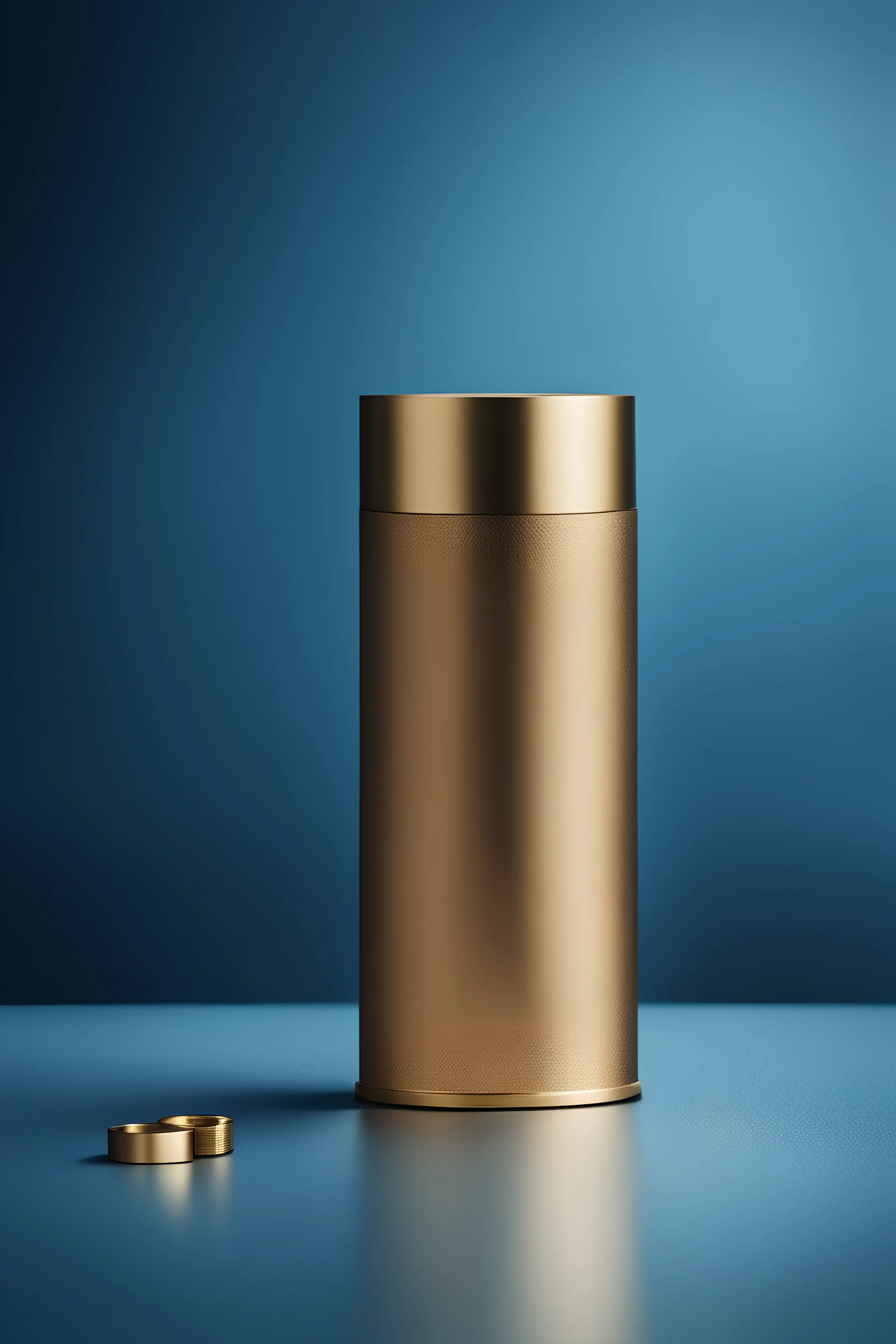 create a high quality minimal poster for mono product reveal photo with nice photography techniques from a brass Coupling wall elbow fitting , dark semi blue background, a dreamy blurred bokeh background with excellent warm lighting, on a luxury scenes in a studio splash clear water , on a pice of velvet