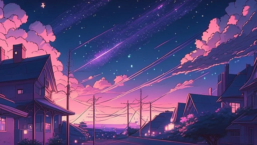 beautiful starry sky at dusk, handdrawn, anime, lofi, pastel, cinematic, nostalgic, town