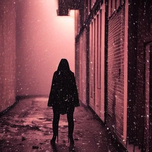 a woman cowering in an alleyway, distressed, downtown snowy new york at night, dramatic, dramatic lighting, volumetric lighting, hyperrealism, 8k, high quality, photorealistic, lot of details