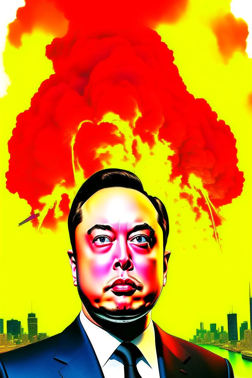 A volcano exploding over a New York City, inside the explosion flame Elon Musk face ,