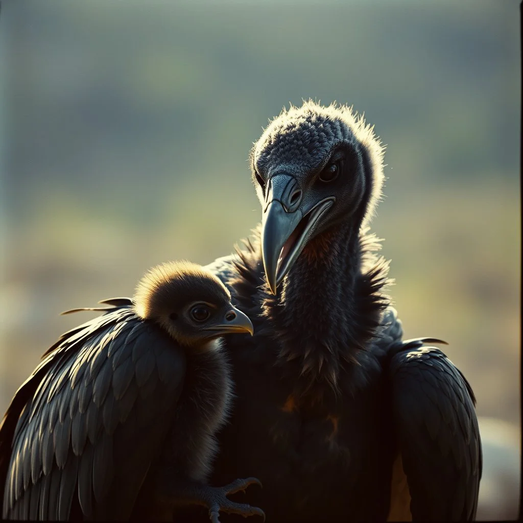 Vulture playing with a real baby, Cinematic film still, shot on v-raptor XL, film grain, vignette, color graded, post-processed, cinematic lighting, 35mm film, live-action, best quality, atmospheric, a masterpiece, epic, stunning, dramatic