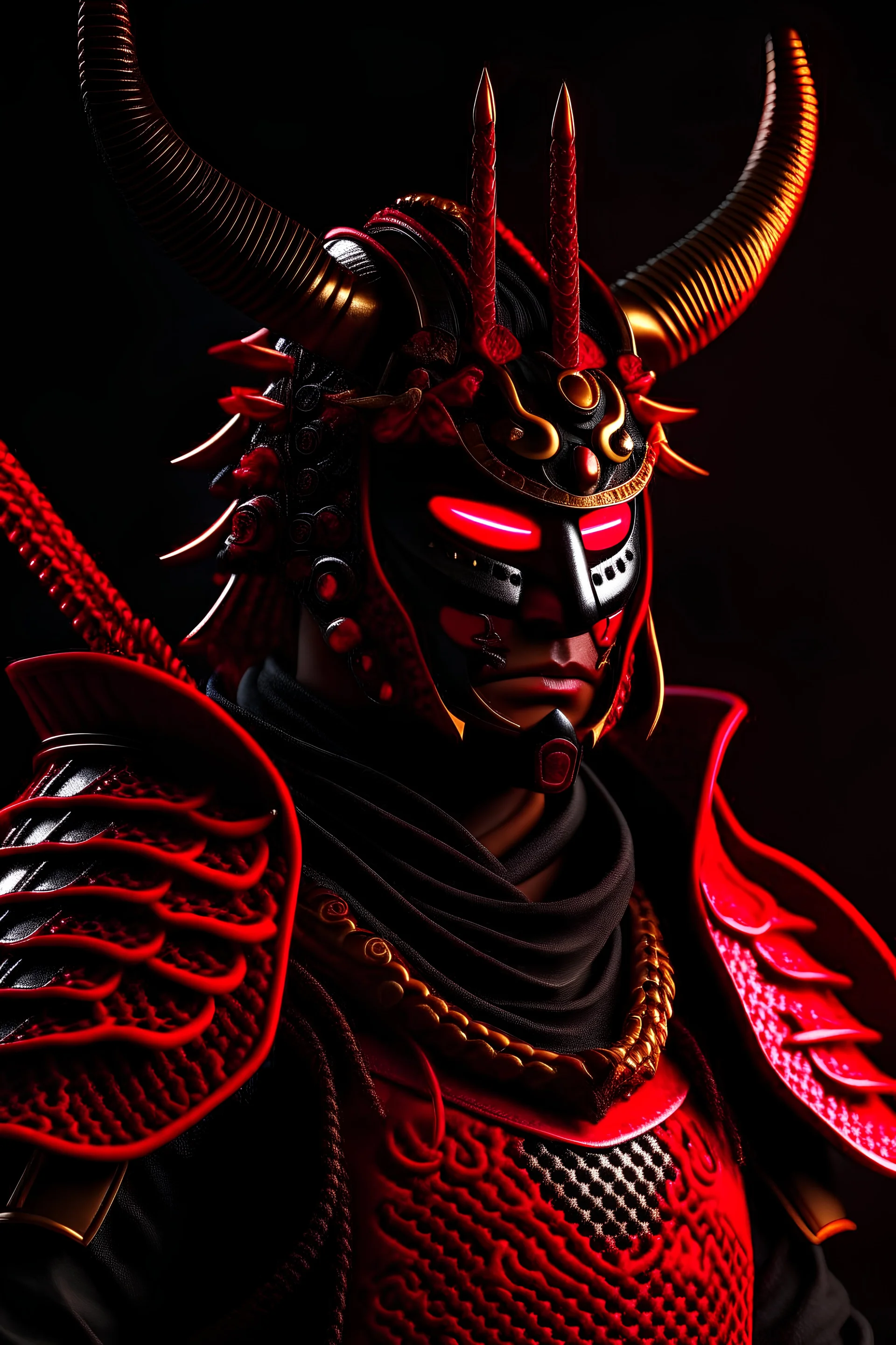 Samurai cyborg com armadura preta e vermelha e máscara hannya na face