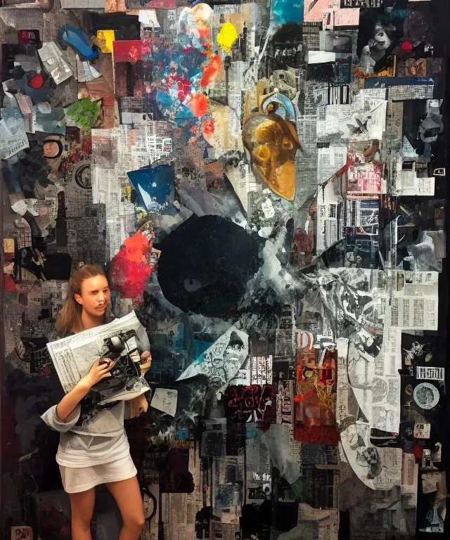 happy beautiful girl holding big proffesional camera in studio. street art, oil on canvas, spray paint, collage, letters, newspapeers, Dave McKean, Vladimir Fedotko, Saturno Butto, Vaughn Bodé, Frank Wu, James C. Christensen, collage, dirty, paint dripping, radiant