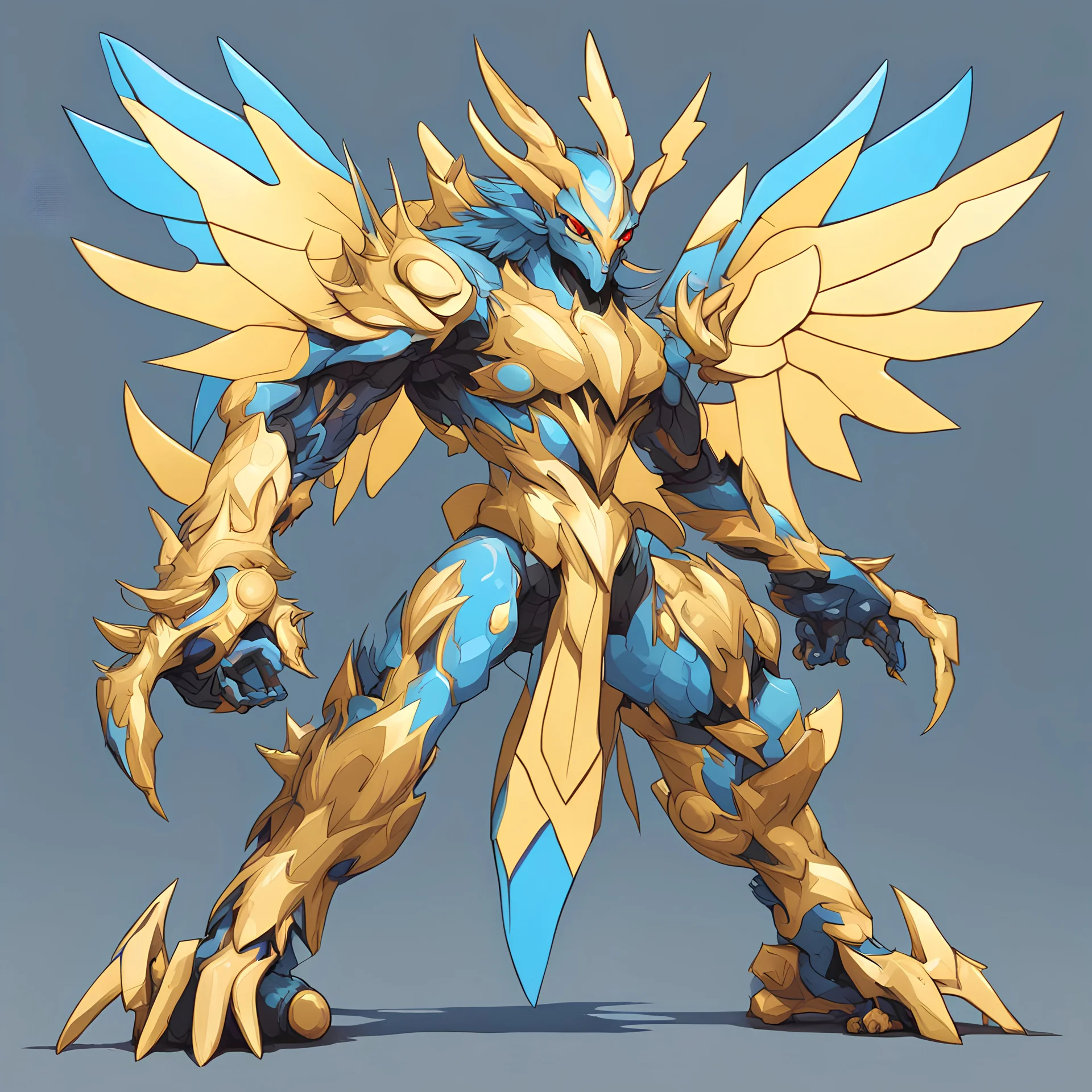 Aegisdramon with gold light-yellow tan-bronze pale-blue palette in toyism art style