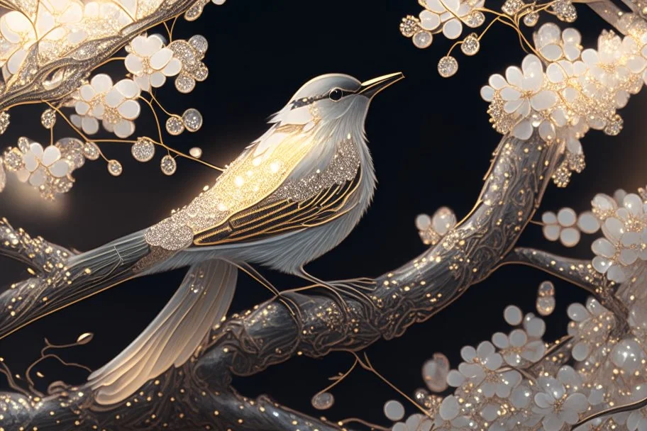 An image of a crystal bird covered in gold etching and diamonds, perched on a branch of cherry blossoms. The scene is illuminated by a soft, ethereal light, enhancing the intricate details and textures of the bird and the surroundings. The art style is detailed, realistic, and captures the magical essence of the scene, trending on ArtStation. The composition combines elements of classical elegance and modern fantasy, reminiscent of the masterful works elegant fantasy intricate high