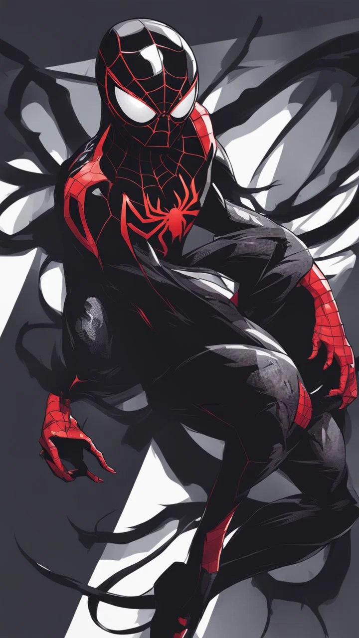 miles morales mix with venom symbiote in solo leveling shadow artstyle, demon lord them, intricate details, highly detailed, high details