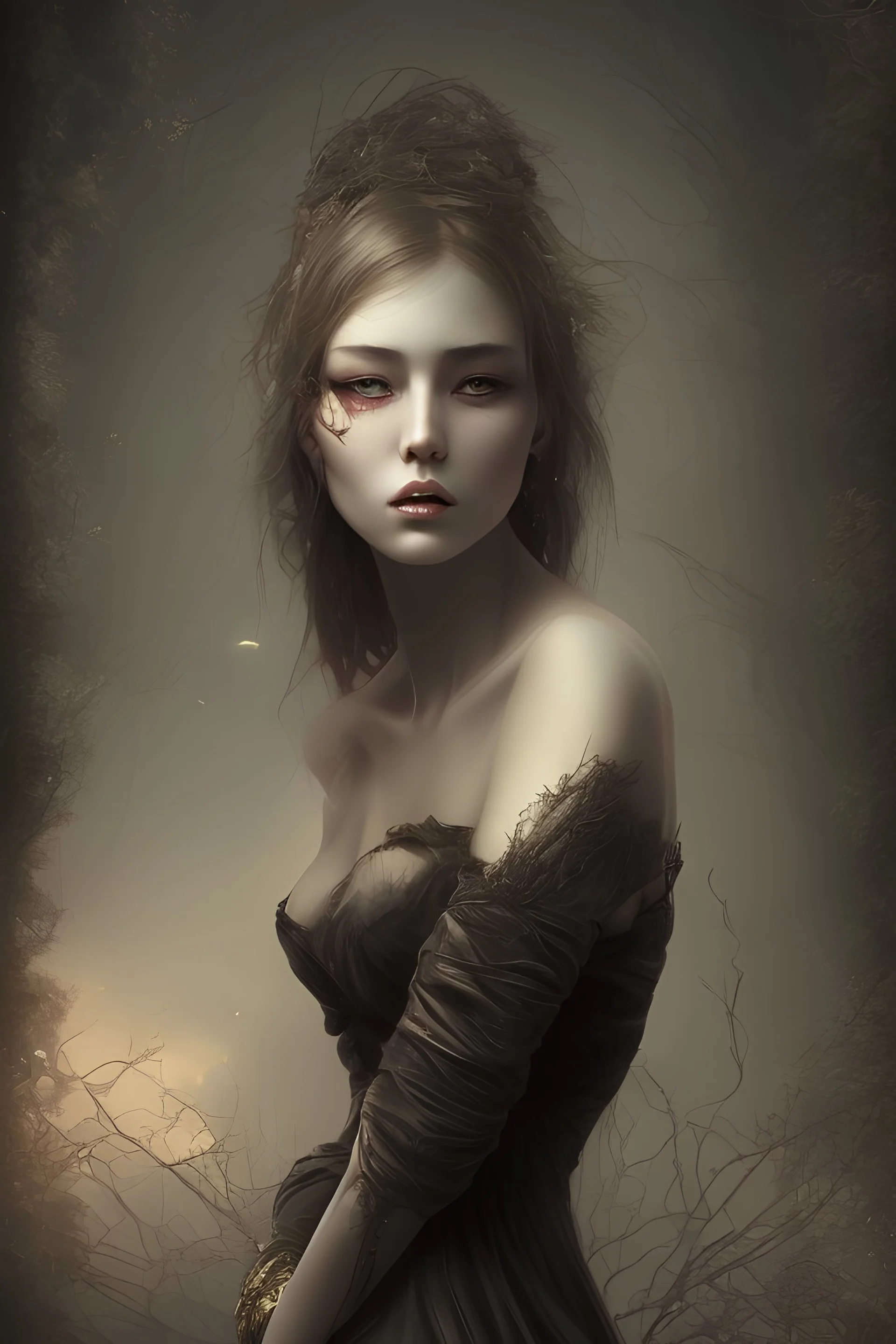 painting of a When darkness falls lonely woman wide en dept dramatic hd hightlights detailled
