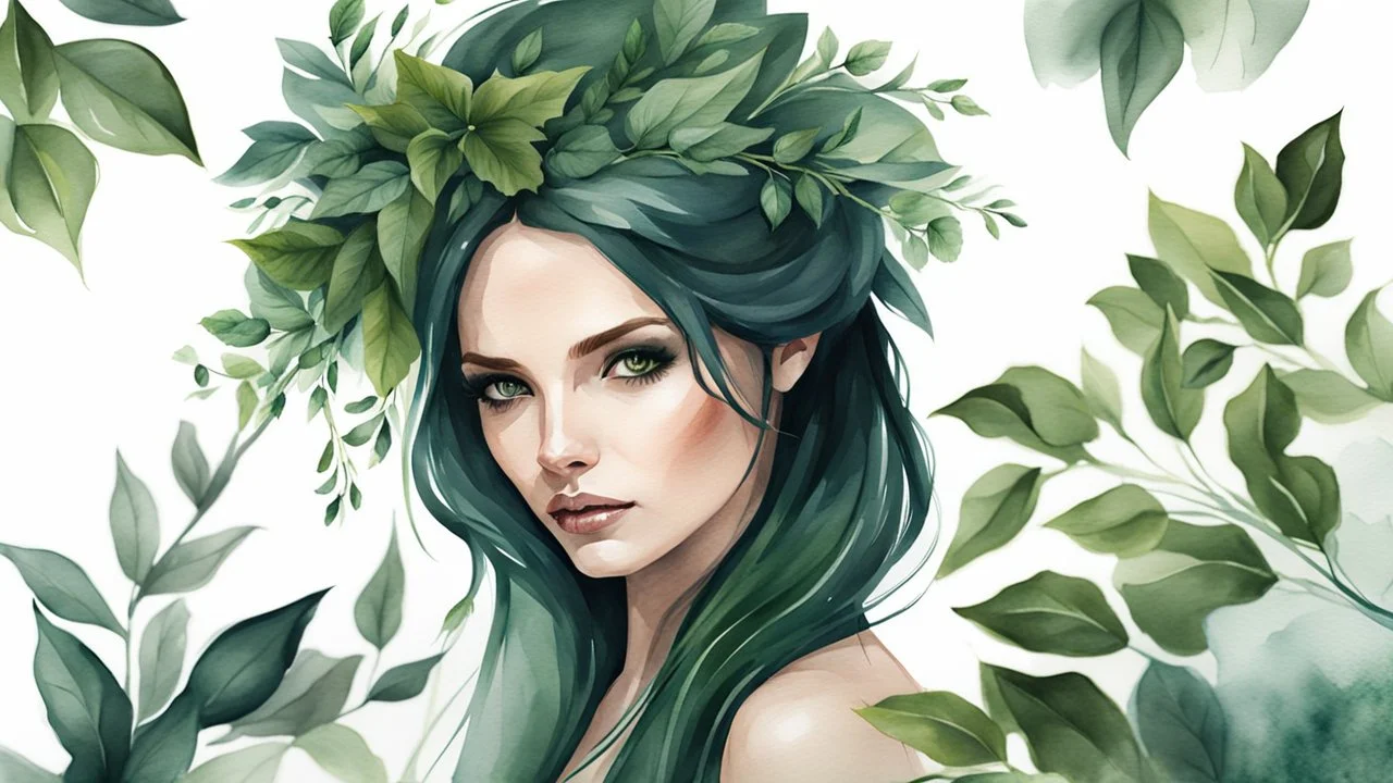 portrait of a woman, watercolor drawing of a dark green gothic bouquet of medicinal herbs and branches with leaves on a white background, Trending on Artstation, {creative commons}, fanart, AIart, {Woolitize}, Charlie Bowater, Illustration, Color Grading, Filmic, Nikon D750, Brenizer Method, Side View, Perspective, Depth of Field, Field of View, F/2.8, Highlights, Tonal Colors, 8K, Full-HD, ProPhoto RGB, Perfectionism, Edge Lighting, Natural Lighting, Soft Lighting, Accent Lighting, Diffraction