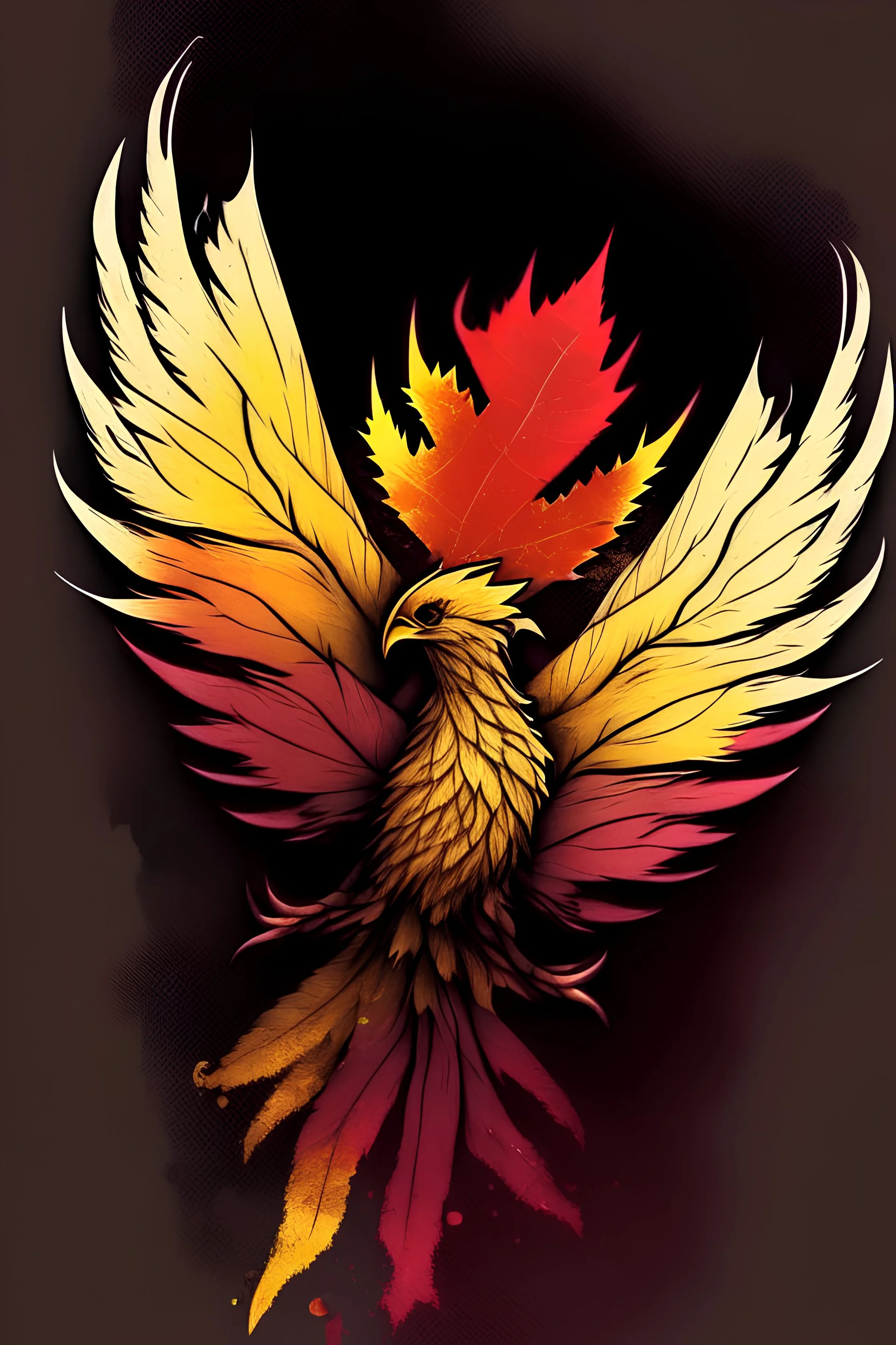 phenix rising from the ashes. canadian maple leaf on its chest. feathers to match the intersex progress flag colors.