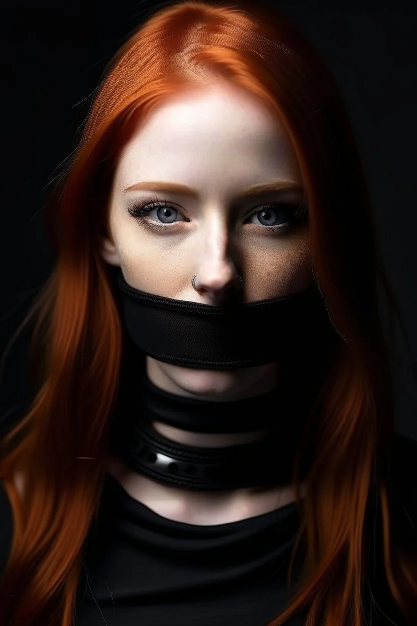 A redhead girl gagged with black cloth, wearing a yoga outfit