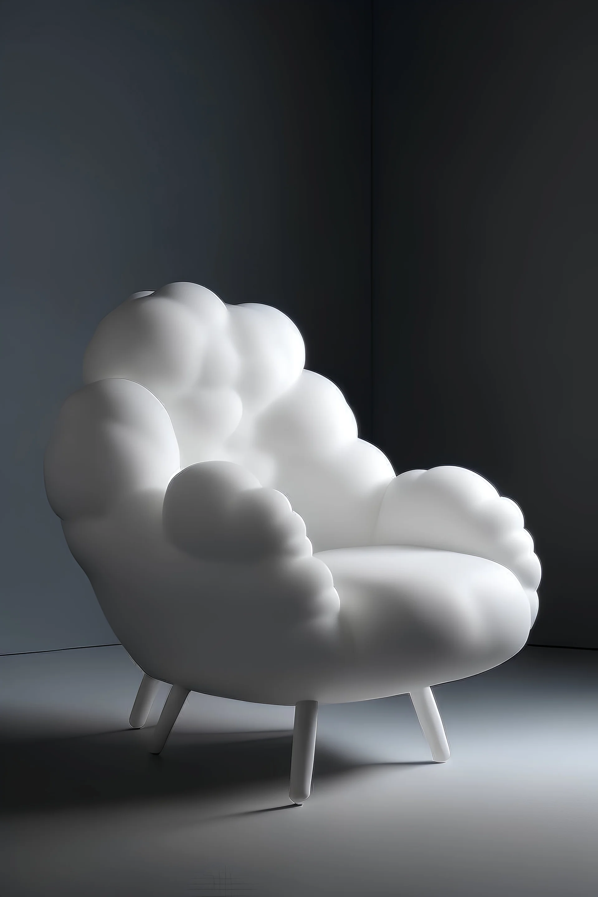 a soft chair that looks like a cloud with lighting below on a gray background floating in the air without legs