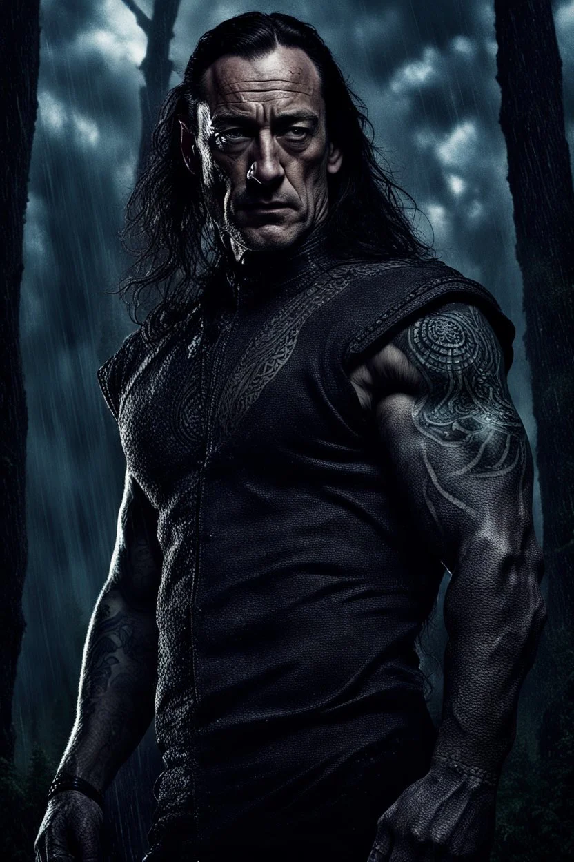 Jason Isaacs Very muscular man with long hair and tribal tattoos in armani suit in forest, realistic face, close-up, brutal, dark fantasy, smoke in the sky, lightnings, rain, intricate details, hyper detailed