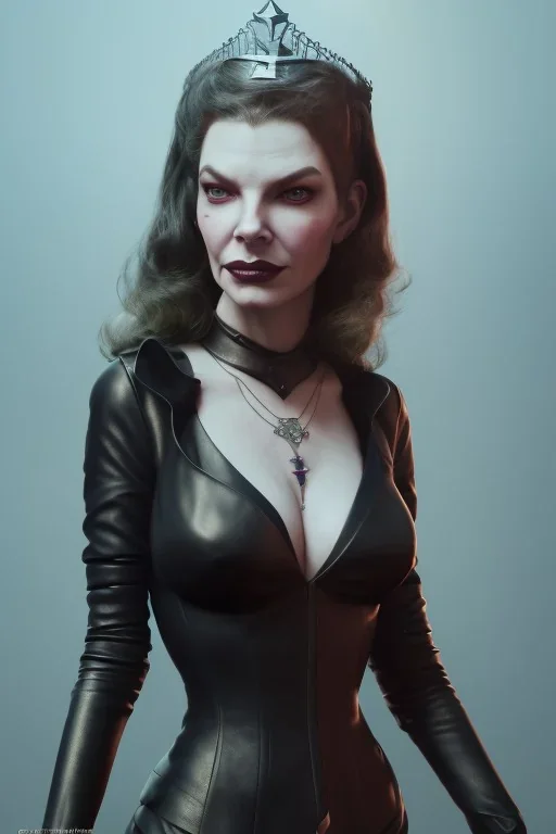 Lauren Bacall as evil queen in black leather, leather, busty, cleavage, angry, stern look. character design by cory loftis, fenghua zhong, ryohei hase, ismail inceoglu and ruan jia. unreal engine 5, artistic lighting, highly detailed, photorealistic, fantasy