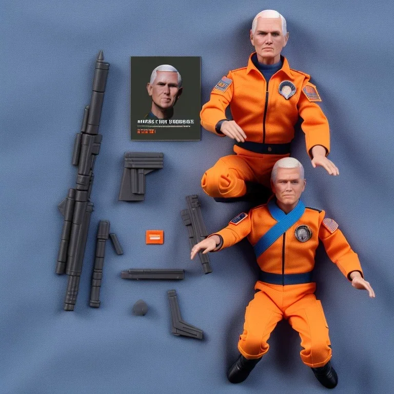 a large pile of face Mike Pence G.I. Joe toy Doll spaceforce uniform, orange blue fabric, pistol, wall packaging for sale, bright pricetag, finger, empty box