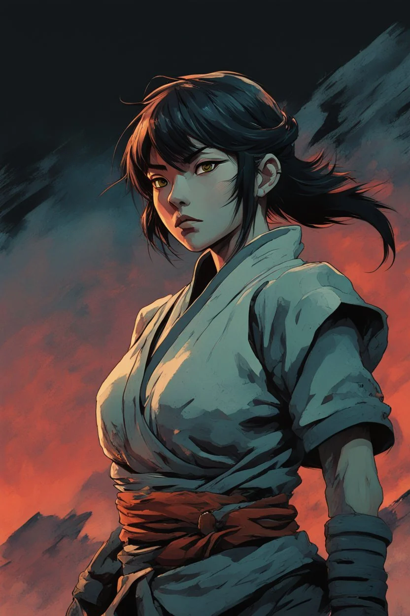 Original anime Japanese female kungfu warrior main character . Studio ghibli style mixed with Frank Frazetta. Mobius style background. Iconic character design. Dynamic silhouette . Unique features. Make the eyes the focal point. Dystopian sci-fi . Stone cold killer. Brilliant use of color theory and cinematic lighting. cubism style, cartoon style