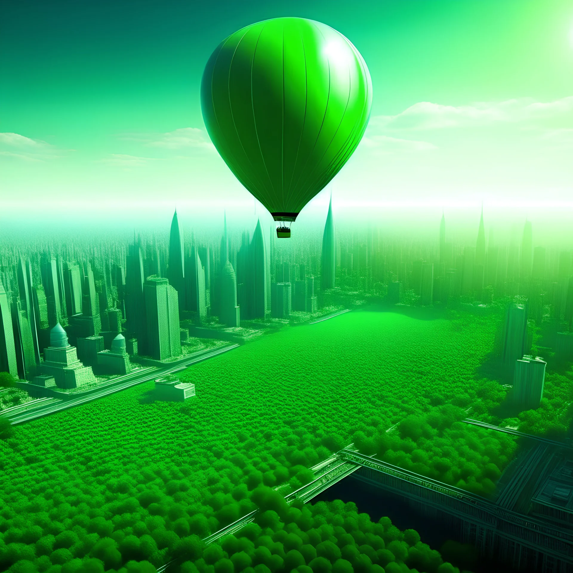 sosteniendo un globo flotando volando sobreciudad verde futurista