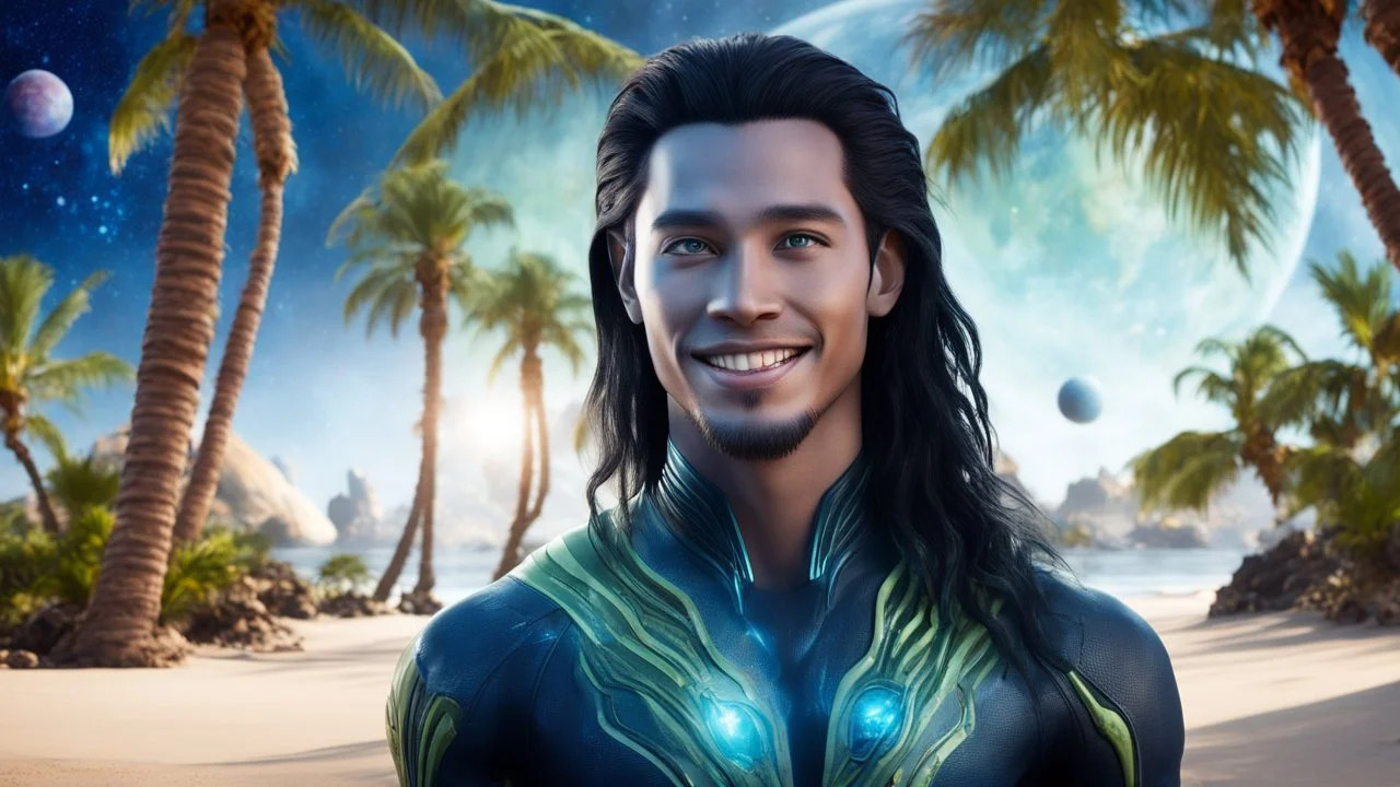 beautiful gorgeous young man na'vi with long hair, Avatar, blue skin, two small ears, green eyes, black hair, in cosmic suit, galactic ambiance, medium pointy goatee , smiling, with spaceship and planets and palm trees and clear crystaline cosmic beach in background