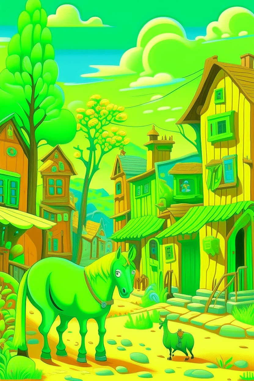 A lime green western town with animals painted by Paul Ranson