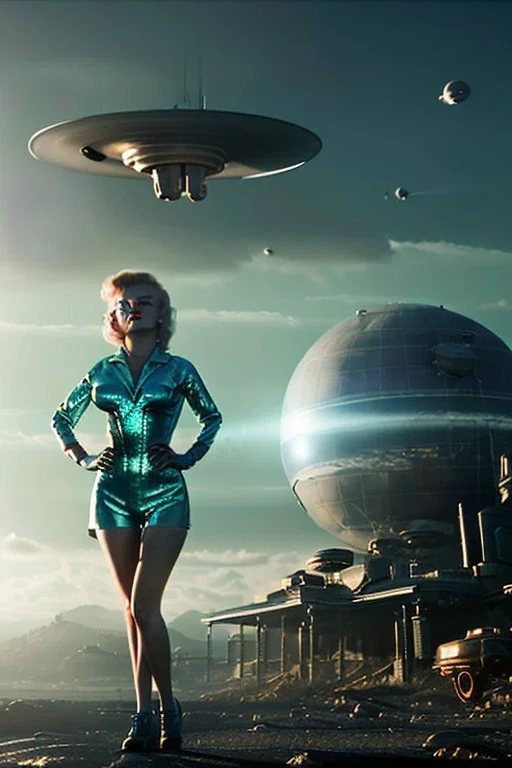 Ultra Realistic retro sci-fi 1960 scene, waist up view portrait, blonde woman, sweet young Marilyn Monroe face, perfect iris, tight latex coat, alien planet background, tight style, steel sphere dron levitating, fog, rain, soft color, highly detailed, unreal engine 5, ray tracing, RTX, lumen lighting, ultra detail, volumetric lighting, 3d, finely drawn, high definition, high resolution.