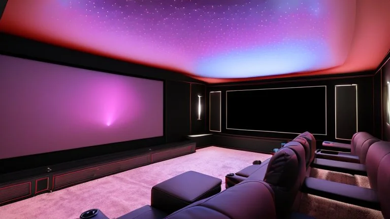 Generate an image of a sleek home cinema with our top-notch projectors and surround sound systems with a star-lined ceiling similar to a Rolls Royce in a high-rise penthouse