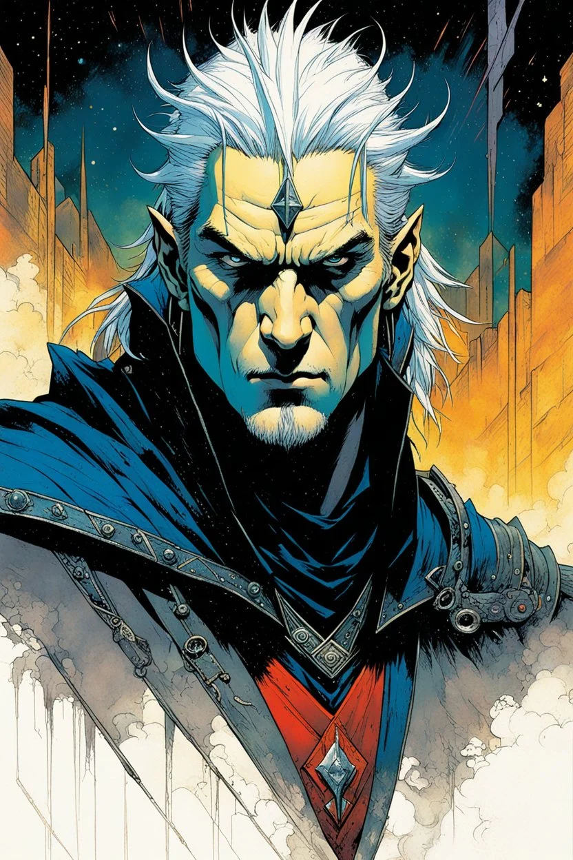 create a portrait of the young Elric of Melnibone, wielding Stormbringer , in the graphic novel style of Bill Sienkiewicz and Jean Giraud Moebius, highly detailed facial features, grainy, gritty textures, foreboding, otherworldly and ethereal