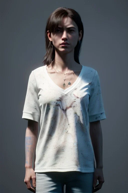 Ultra Realistic image, 25 years old brunette woman, Madrid, portrait, small stature, small chest, yakuza body tattoo, white broken cotton undershirt with holes, vibrant color, highly detailed, art stations, concept art, smooth, unreal engine 5, god rays, ray tracing, RTX, lumen lighting, ultra detail, volumetric lighting.