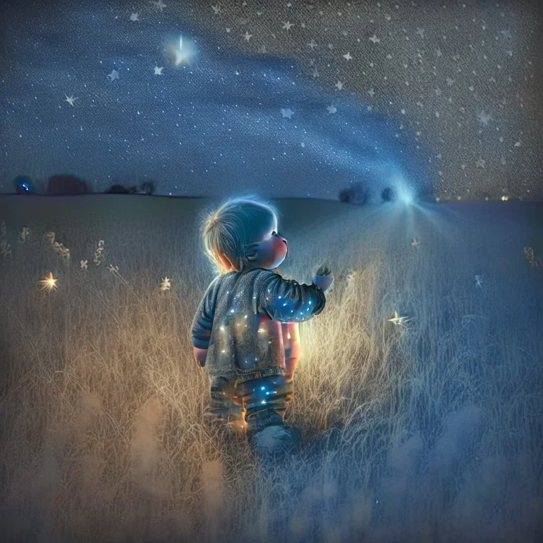 toddler with teddy bear in a field at night with lots of stars, looking at an apparition in the sky