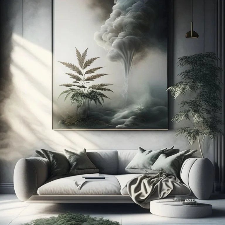 Design an artwork background that showcases the pleasure and relaxation derived from indulging in hash and weed, using elements like soft textures, hazy atmospheres, and gentle curves to evoke a sense of tranquility and bliss.