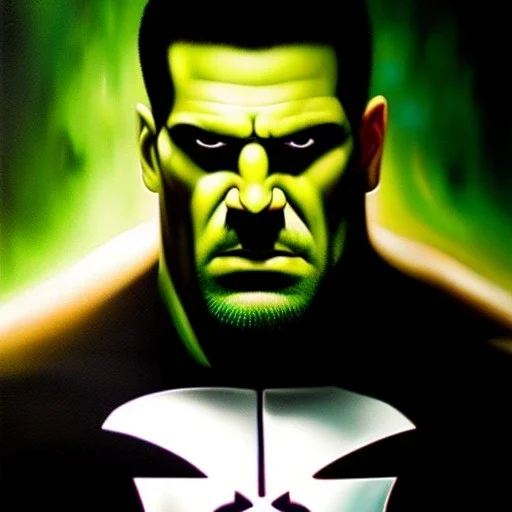 Ultra detailed fullbody Portrait in oil on canvas of The punisher merges Hulk,intense stare,extremely detailed digital painting, extremely detailed face,crystal clear Big eyes, mystical colors ,perfectly centered image, perfect composition, rim light, beautiful lighting,masterpiece,8k, stunning scene, raytracing, anatomically correct, in the style of robert e howard and Ken Kelley and Ohrai Noriyoshi and Simon Bisley and tomzj1