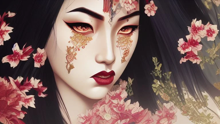 Japanese Geisha, illustration, digital art ,Vintage, Gothic, God Rays, vibrant colours, stylish ,Dark and Gorgeous art , GOD LIGHTING, Eiko Ishioka costume designer,, 32Κ, macro realistic,macro, sunbeams,beautiful, insanely detailed, cherryblossom zen garden, manga,anime,