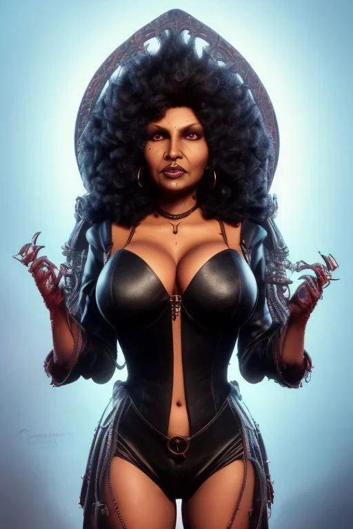 Pam Grier as evil queen in black leather, leather, busty, cleavage, angry, stern look. character design by cory loftis, fenghua zhong, ryohei hase, ismail inceoglu and ruan jia. unreal engine 5, artistic lighting, highly detailed, photorealistic, fantasy