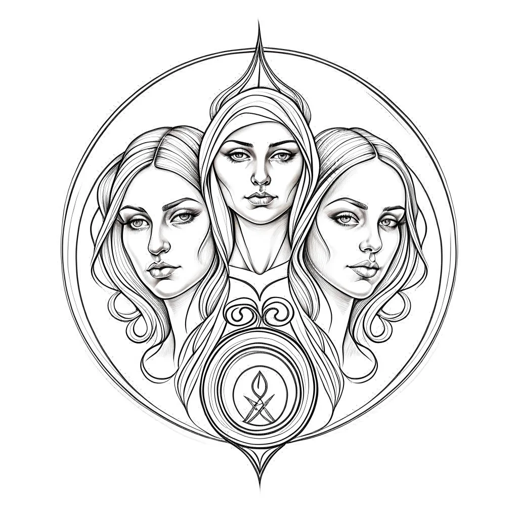 Create a realistis sketch tatto of The three Fates, white background