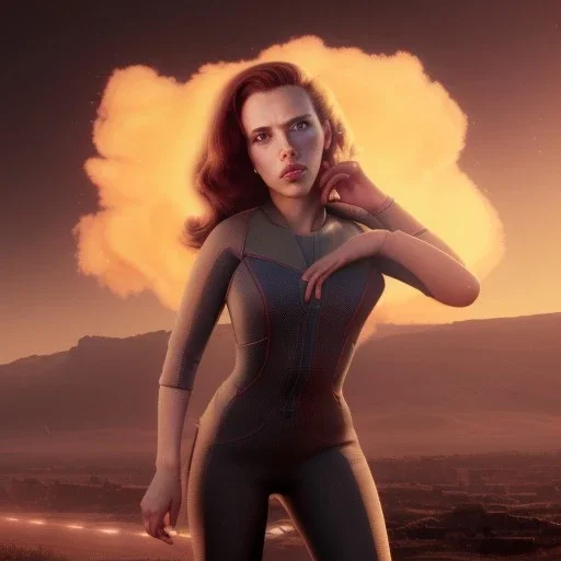 retro sci-fi portrait image from 1960, supermarket parking explosion, fire, classic black widow, young Scarlett Johansson, tight lycra suit, soft color, highly detailed, unreal engine 5, ray tracing, RTX, lumen lighting, ultra detail, volumetric lighting, 3d, finely drawn, high definition, high resolution.