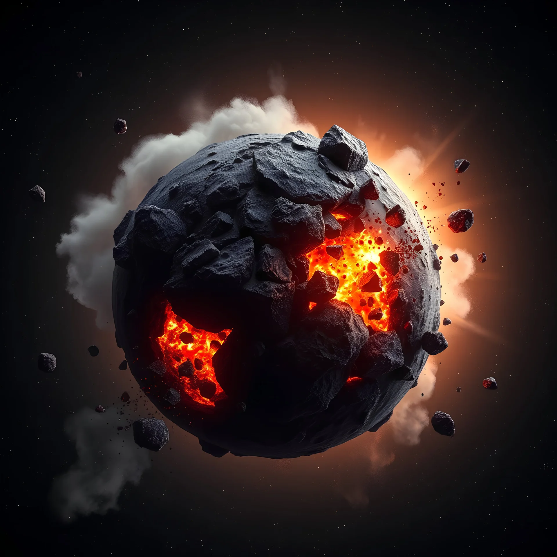 molten dark rocks and pebbles of various sizes merging together as a rocky volcanic planet in darkness with chunks of small rocks of various sizes, dust, and explosions of magma mixed with ash hurtling outward surrounded by distant stars in a vast universe