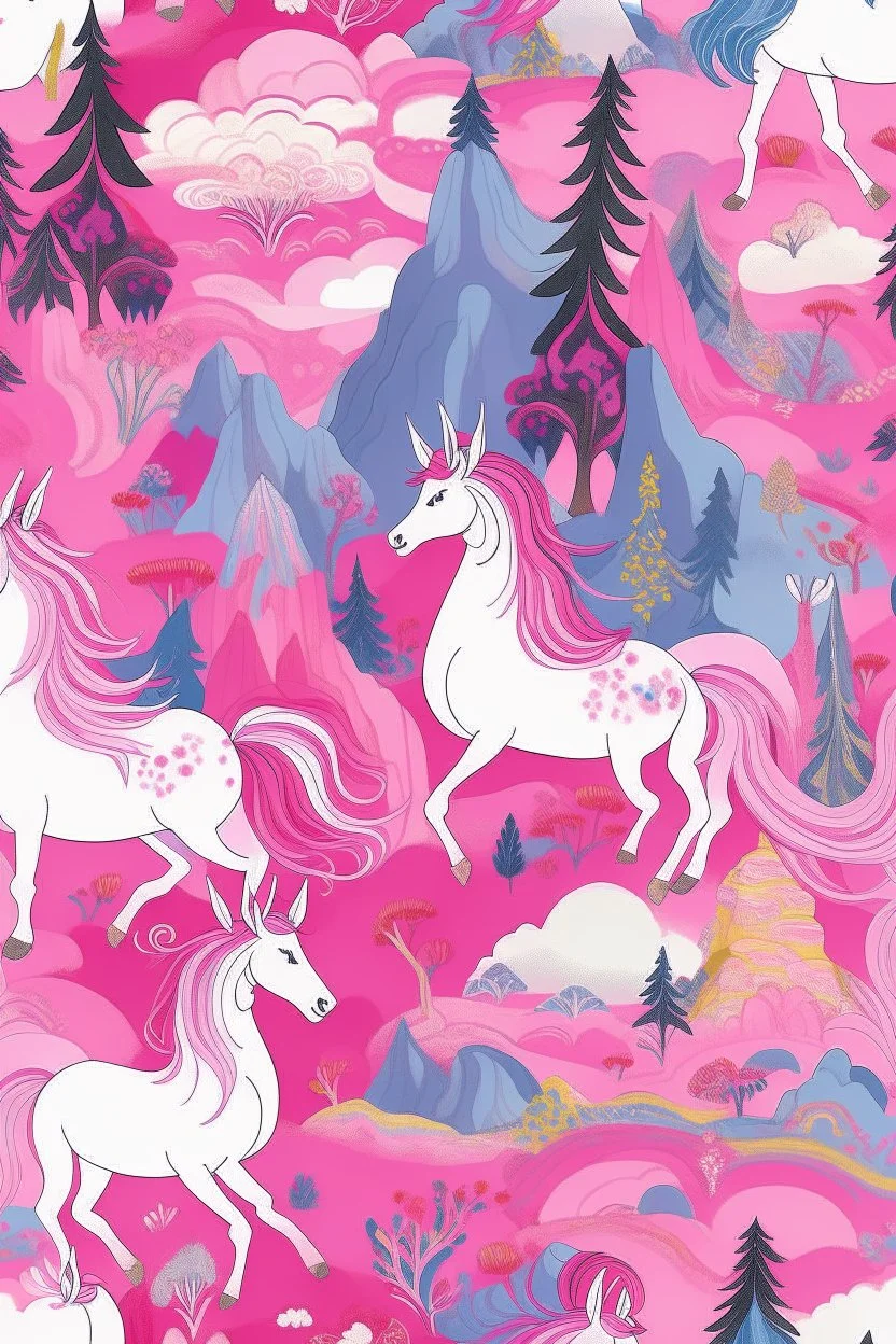 A pink magical kingdom filled with unicorns designed in Navajo yarn