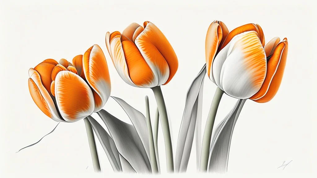 Realistic drawing of orange tulips, white background.