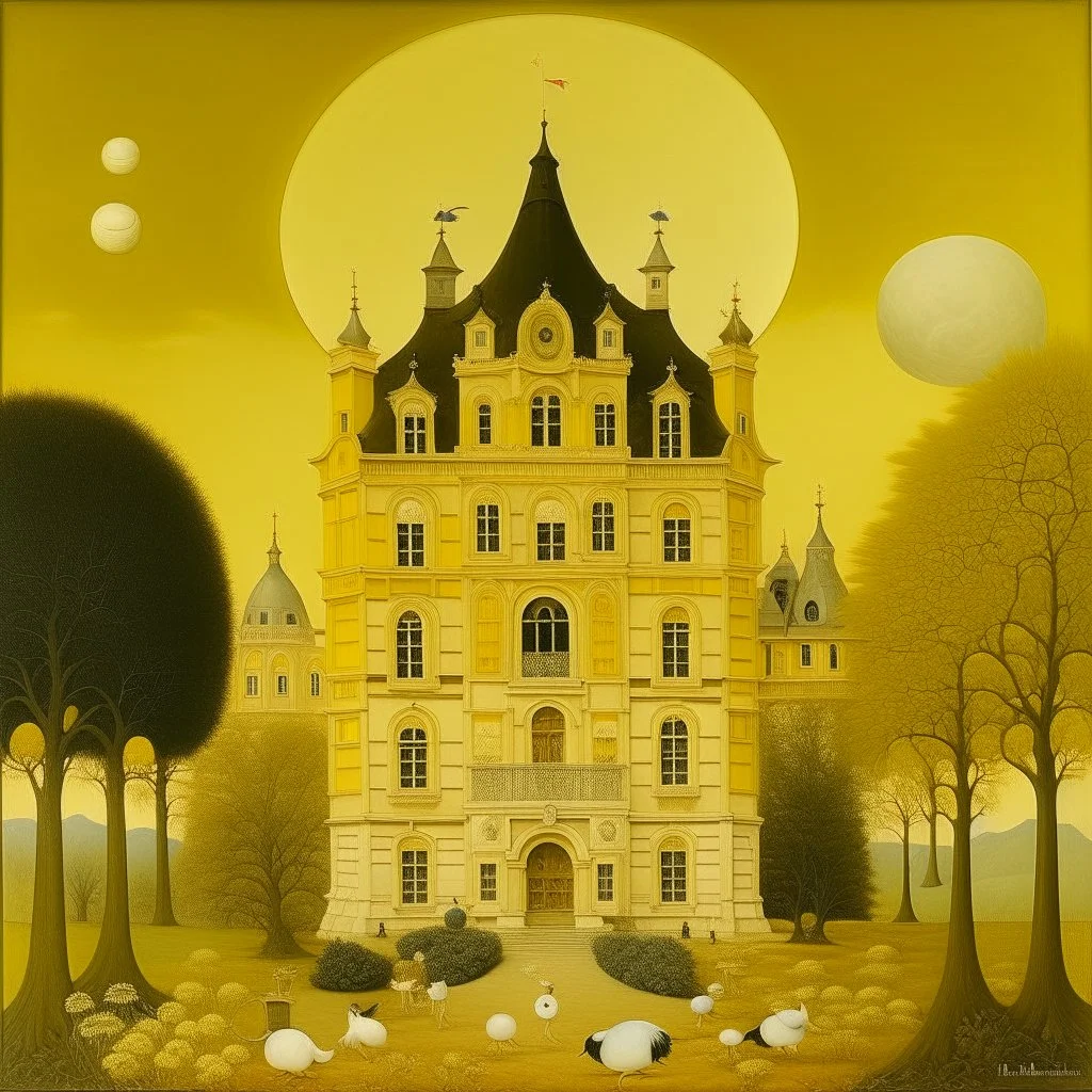 A light yellow heavenly chateau with halos painted by Edward Hicks
