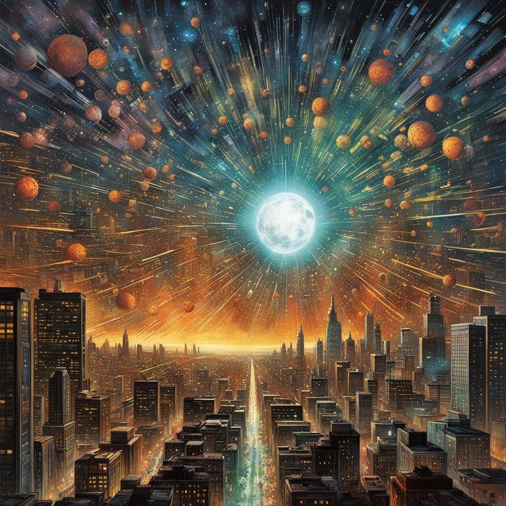 Landscape sci-fi realism “starburst over city”, colorful exploding background, matte oil painting, dramatic supermoon, Dave McKean, Kelly Freas, Killian Eng, Jeremy Mann, hyperdetailed hi-res HDR DSLR, ultra detailed, high quality, CGSociety, color depth, deep colors, sci-fi gorgeous kinetic art."