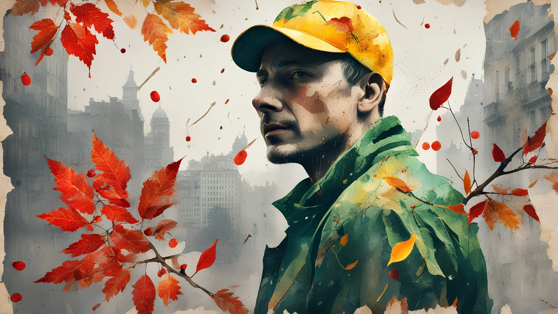 background old, cracks, yellow, torn canvas, gouache, double exposure, man, baseball cap, 40 years old, fine drawing, blots, newspaper scraps, leaves, green, autumn, rain, city, branches, red rowan berries, 8K, double exposure