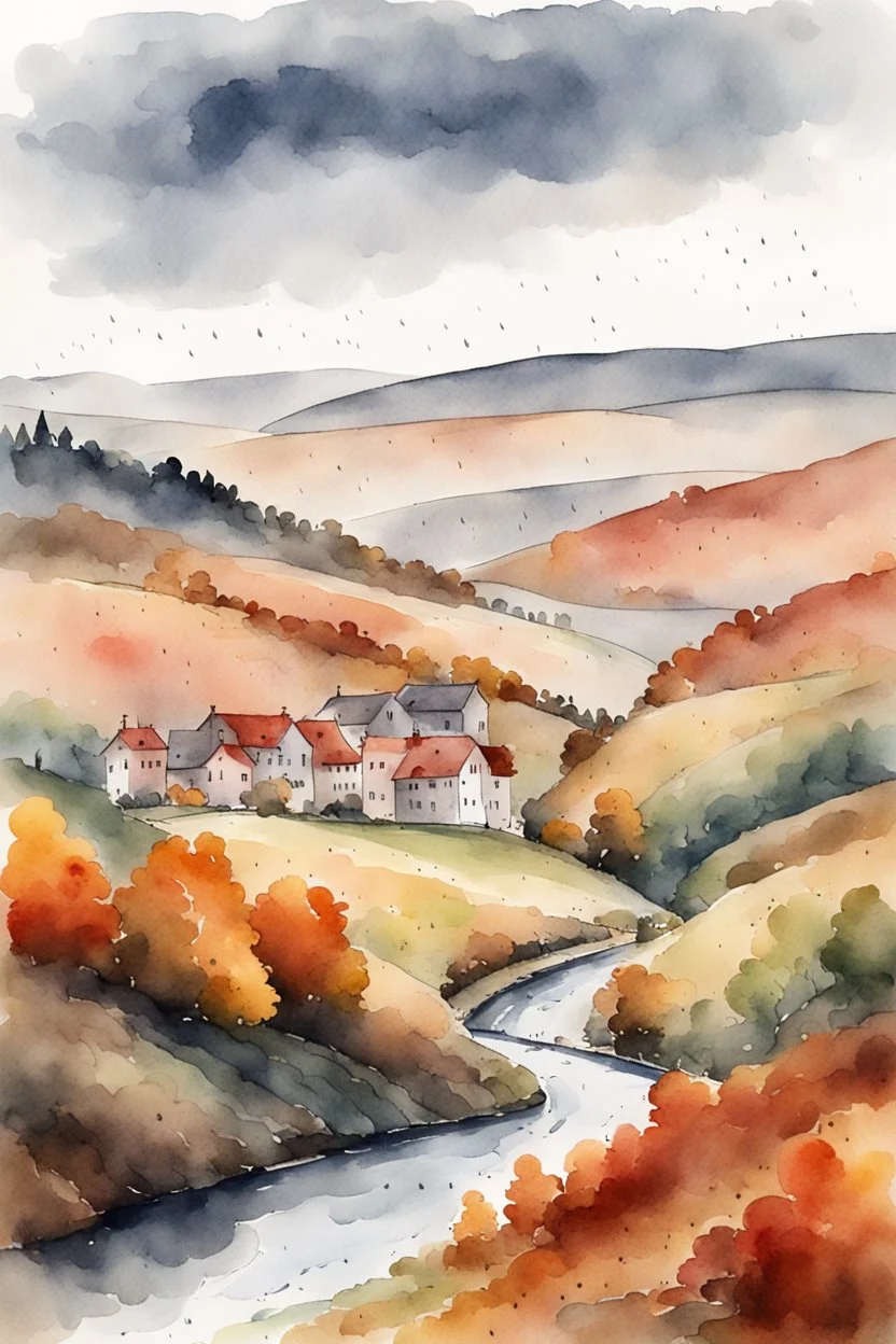 Autumn Czech valley in the rain. - Watercolor and watercolor painted style - Jenna Rainey style