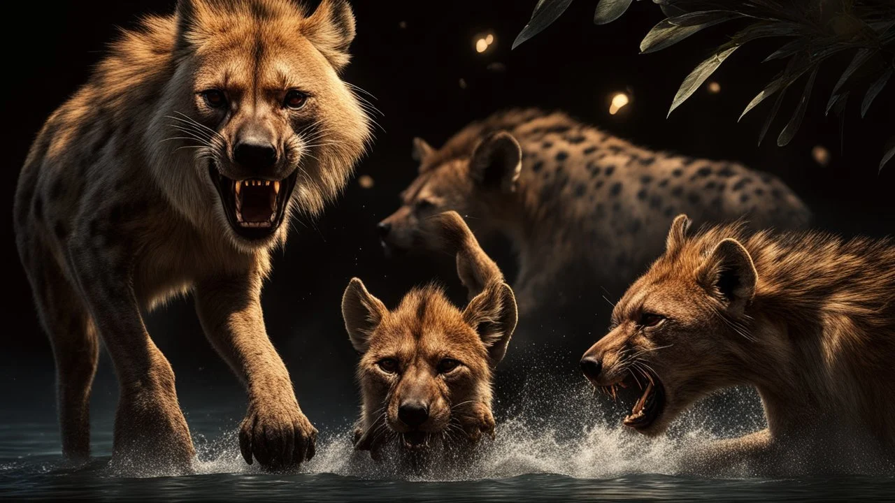 Hyper Realistic Angry-Hyenas & Attacking Angry-Lions on with river-water flow, big-stones & fireflies at dark-night showing dramatic & cinematic ambiance