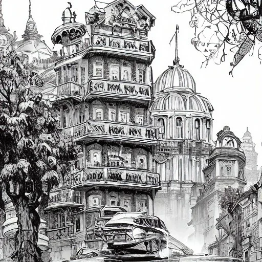 Skyline+Beaux Arts architecture+palladio+detailed facades+uphill road+trees+biopunk+Bueno Aires+turin+trieste+Book illustration by Gediminas Pranckevičius, Jean Baptiste Monge, Brian Kesinger, Anton fadeev, Kilian Eng, strong lines, high contrast vibrant colors, highly detailed, 16k resolution, trending on behance""