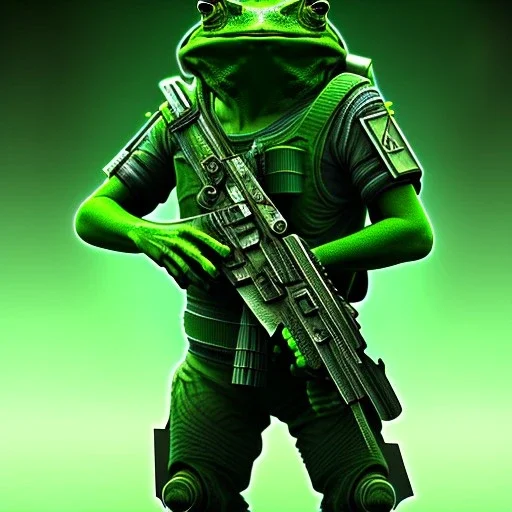 cyberpunk frog, holding a sniper rifle, green filter