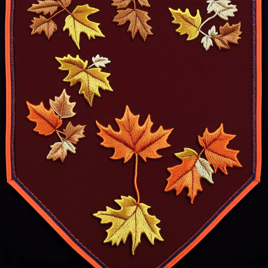 autumn colored cloth banner embroidered with ornamental leaves and filigree, increased thread texture and definition