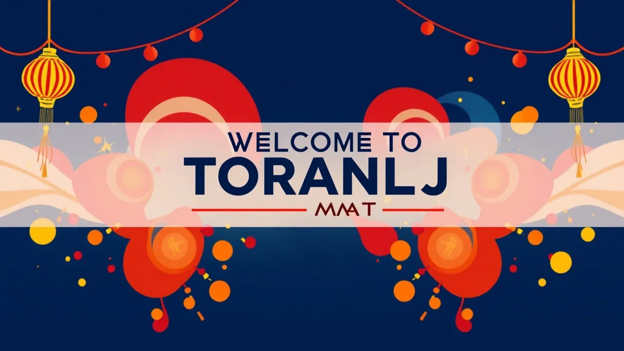An attractive design with the text (WELCOM TO TORANJ PLUS MARKET) in the middle of the image in a prominent manner with a blue, red, orange, and gold color theme.