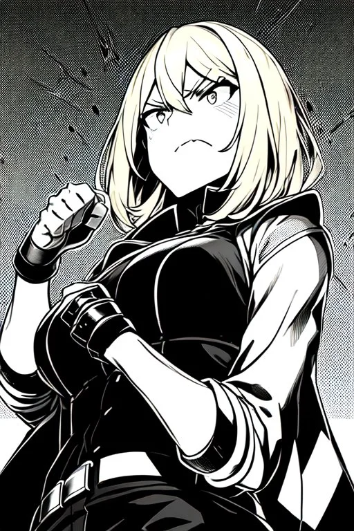 angry blonde girl, angry pose, greyscale