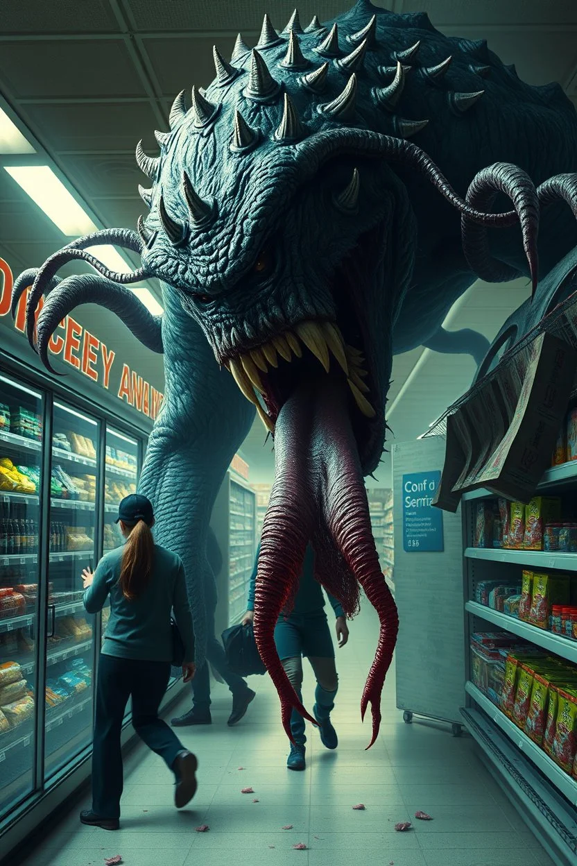 A horrific giant monstrosity abomination monster with sharp teeth, guts, secretions, unnerving appearance, long tongue, grotesque body, poisonous stingers, chasing grocery store employees down the isle, chaos and horror, cinematic body horror