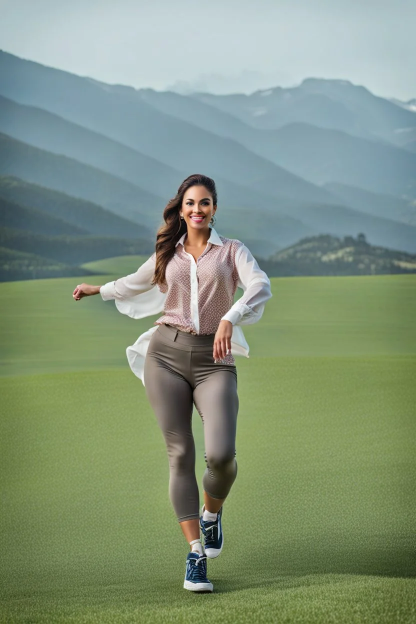 lady in pants and blouse and sport shoes dancing