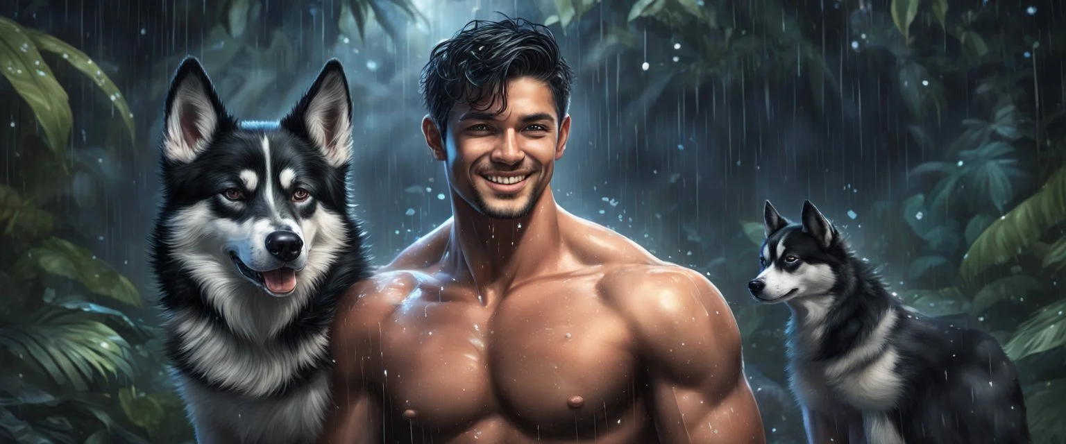 Hyper Realistic handsome shirtless muscular short black hair young man with wet chest smiling & standing with his black husky in a dark mystical jungle at rainy night with glowing crystals