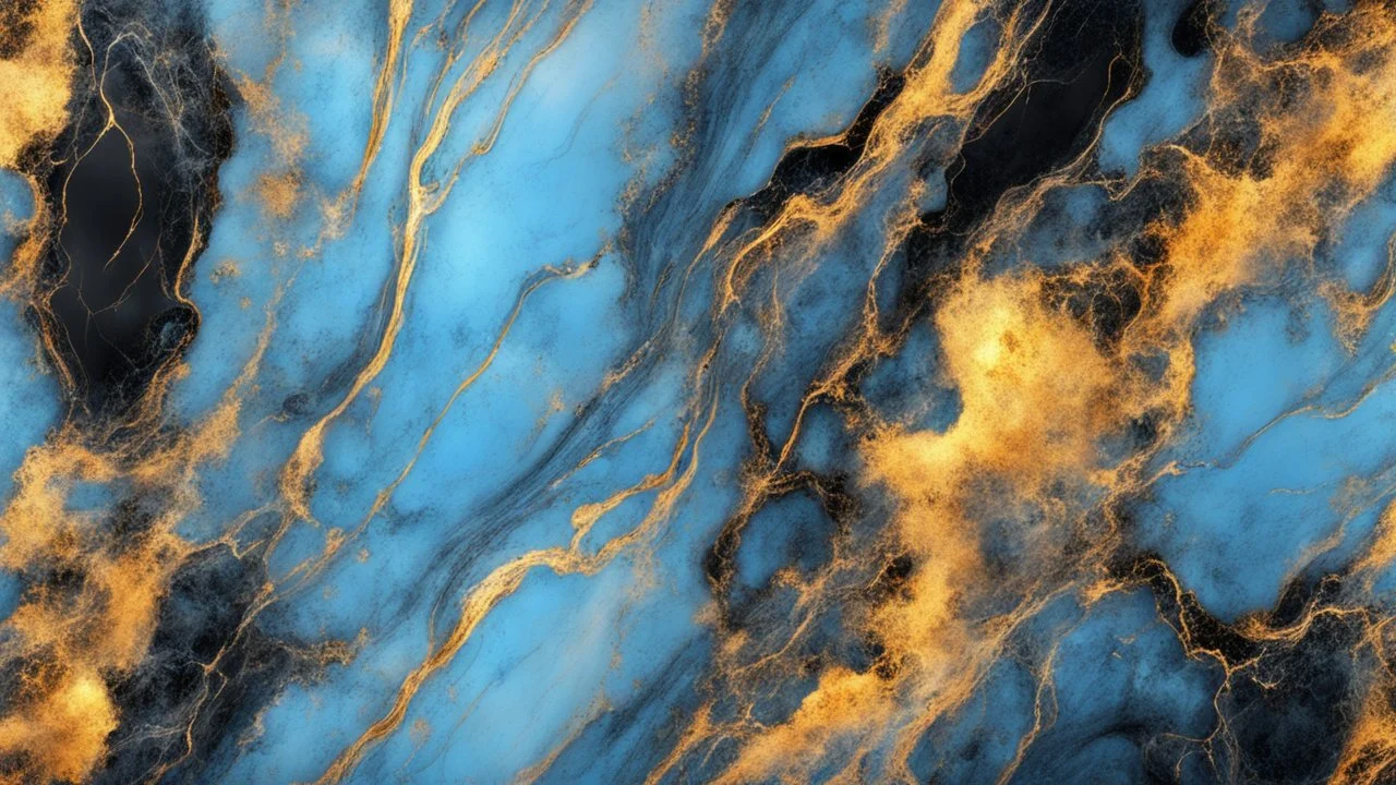 Hyper Realistic Sky-Blue, Golden-&-Black-marble-background with glowing-embers & white-scratch-marks vignette-effect